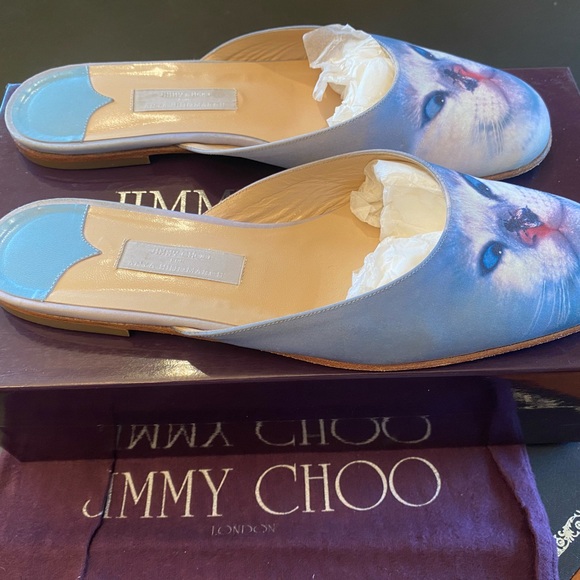 Jimmy Choo Blue Cat Print Mules - Picture 3 of 7